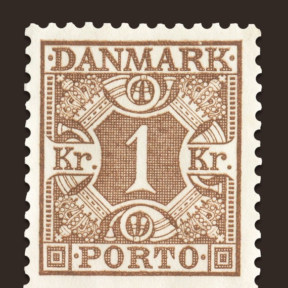 Vintage Denmark Stamp Art Print: Crowns and Horns, 1925