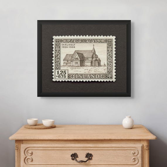 Iceland Skalholt Cathedral Stamp Art Print: Vintage European Wall Decor