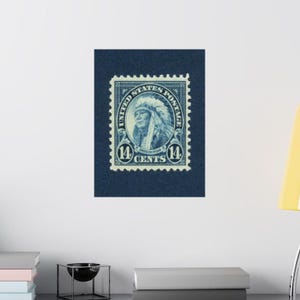 Puede incluir: Impresión en tonos azules de un sello postal vintage de 14 centavos de un nativo americano. El sello presenta un retrato de una persona indígena de perfil, con un tocado. Las palabras "United States Postage" y "14 Cents" son visibles.