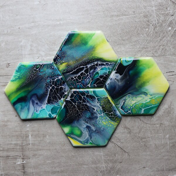 Set of 4 Hexagon Coasters, Blue and Green Bloom Technique Coasters