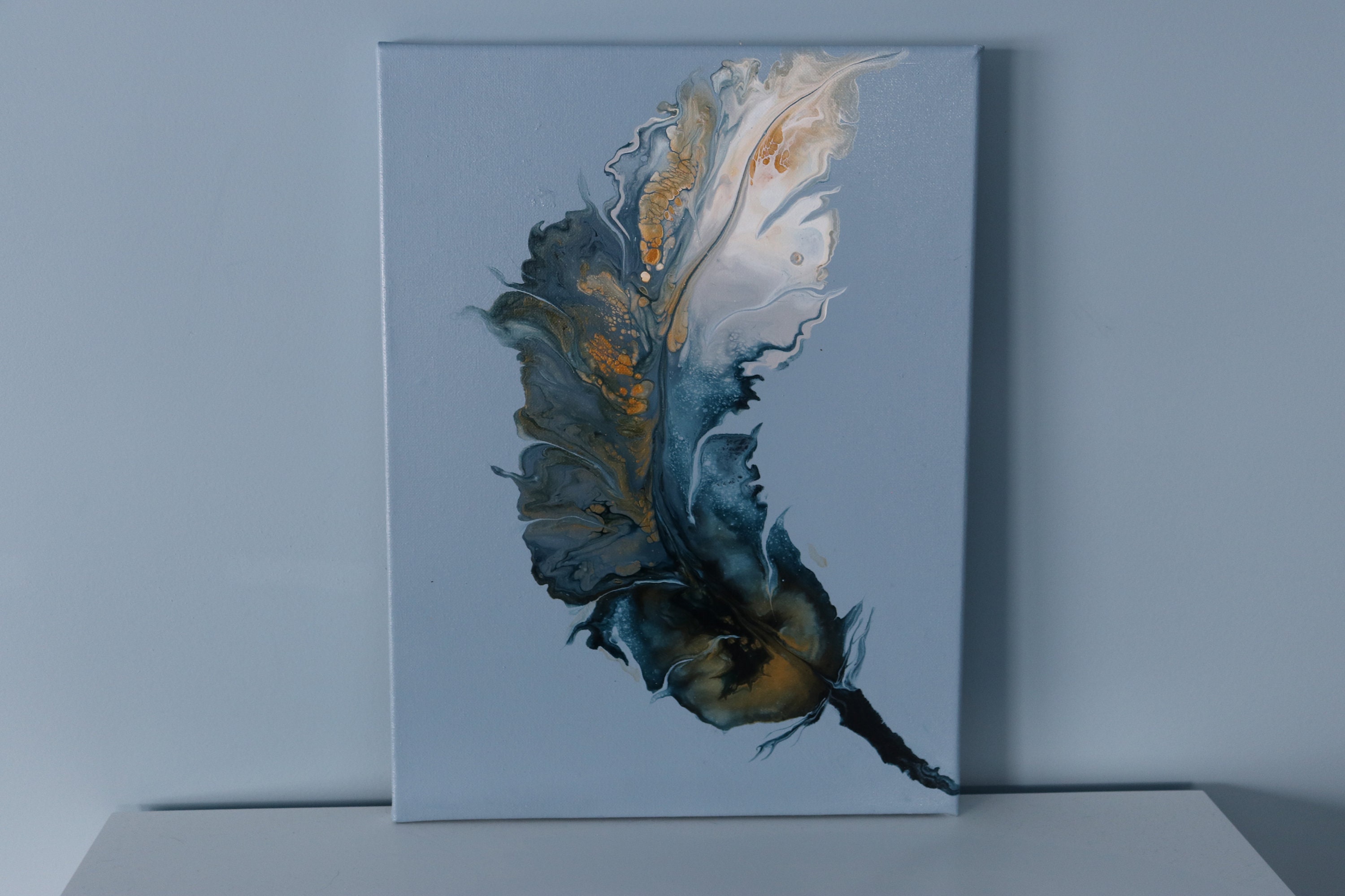 Blue and Gold Feathers Abstract Original Acrylic Pour Painting, 8 x 10,  Fluid Art Painting