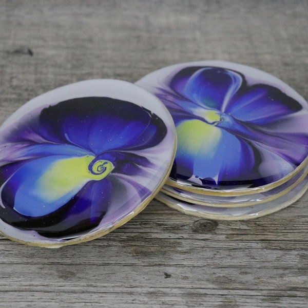 Set of 4 Circle Coasters, Dipped Abstract Flower Coasters with Acrylic Pouring