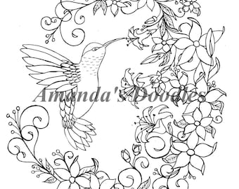 Hummingbird and floral flower wreath coloring page