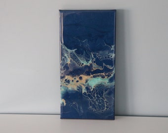 Ocean Blue, 6" x 12" Acrylic Pour Painting with Blue and Turquoise
