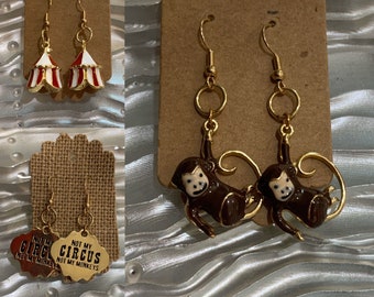 Circus Tent Earrings, Fair Earrings, Animal Earrings, Monkey Earrings, "Not My Circus Not My Monkeys"  Tag Earrings,Festival Earring, Circus