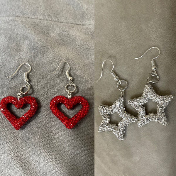 Star Earrings, Silver Earrings, Heart Earrings, Dangle Earrings, Red Rhinestone Earrings, White Rhinestone Star Earrings, Holiday Earrings