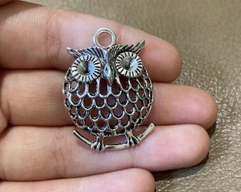 2D Owl Charms, Antique Silver Alloy Charms, Owl Standing Branch Charms, Silver Owl Pendants 33*25mm