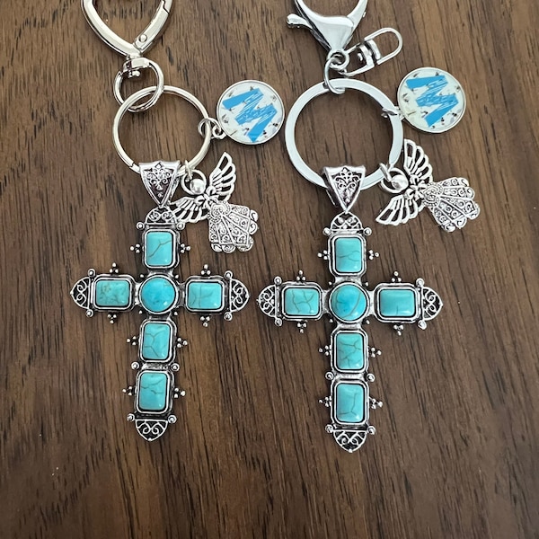 Imitation Turquoise Cross Keychain, Blue Stone Keychain, Religious Keychain, Ornate Keychain, Cross Jewelry,  Handbag Charm