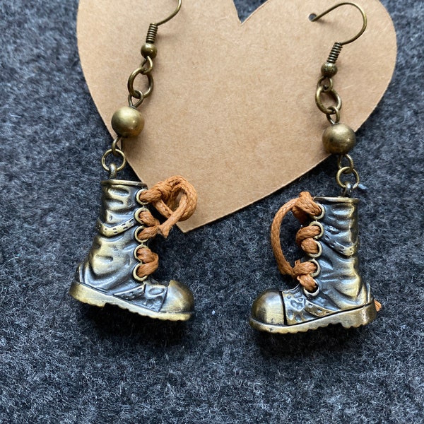 Hiking Boots Earrings, Boots Jewelry, Brass Ox Earrings, Metal Earrings, Dangling Earrings, Eclectic Earrings, Hiking Jewelry