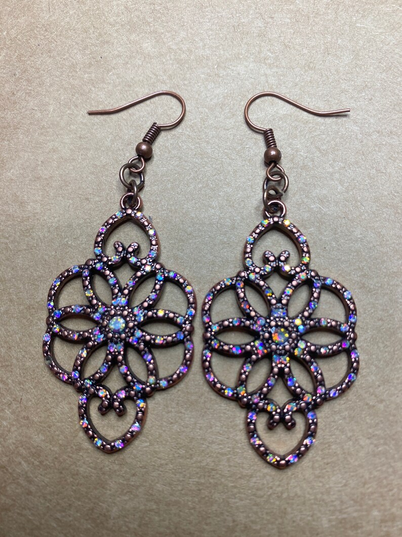 Rhinestone Earrings Shimmering Earrings Sparkly Earrings Floral Earrings Copper Earrings Dangling Earrings Scroll Floral Jewelry