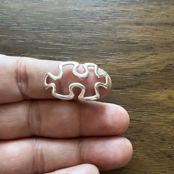 Small Sterling Silver Autism Awareness Charm – Puzzle Piece With 2 Hearts, 15mm Long, 13mm Wide