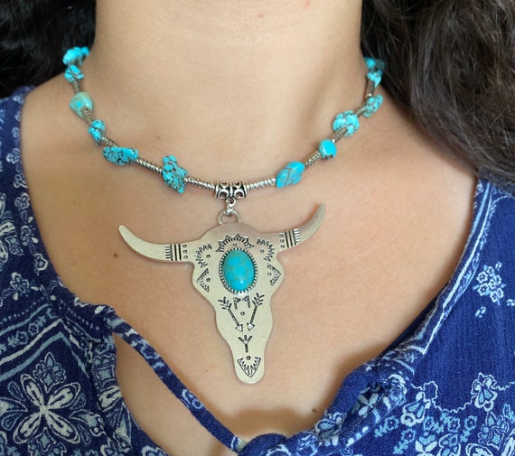 Texas Bull Longhorn Necklace Western Style Necklace Cowboy Necklace Cowboy Jewelry Bull Head Necklace Boho Necklace Silver Necklace