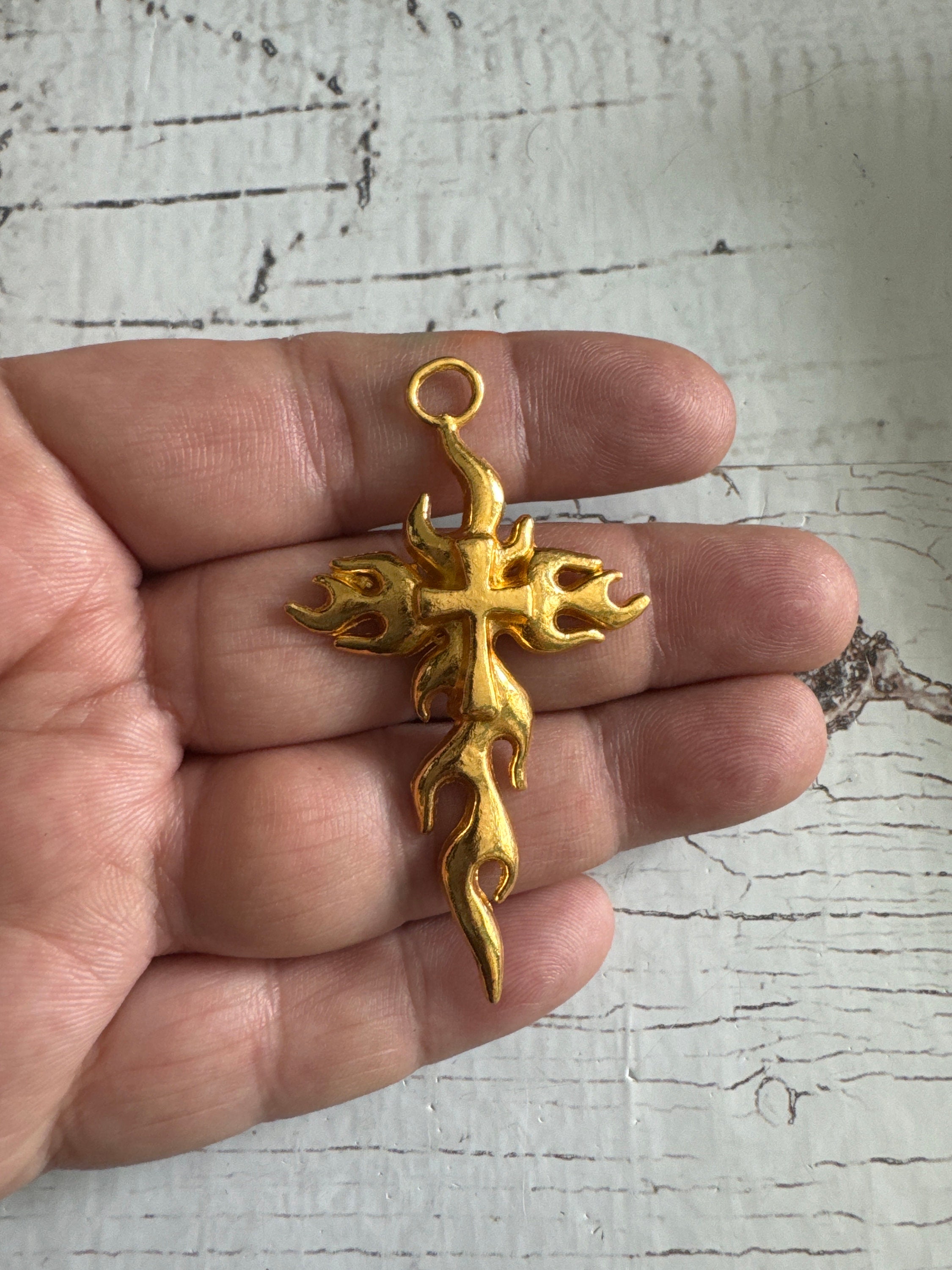 Flames Cross Pendant, Fire Charms, Silver Cross Pendant