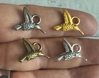 Double Sided Hummingbird Charm: Vintage Tibetan Silver Animal Charm (19x15mm)