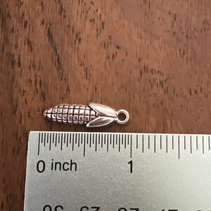 May include: Silver charm shaped like an ear of corn, measuring about 1 inch long. The charm has a loop at the top for attaching to a bracelet or necklace.
