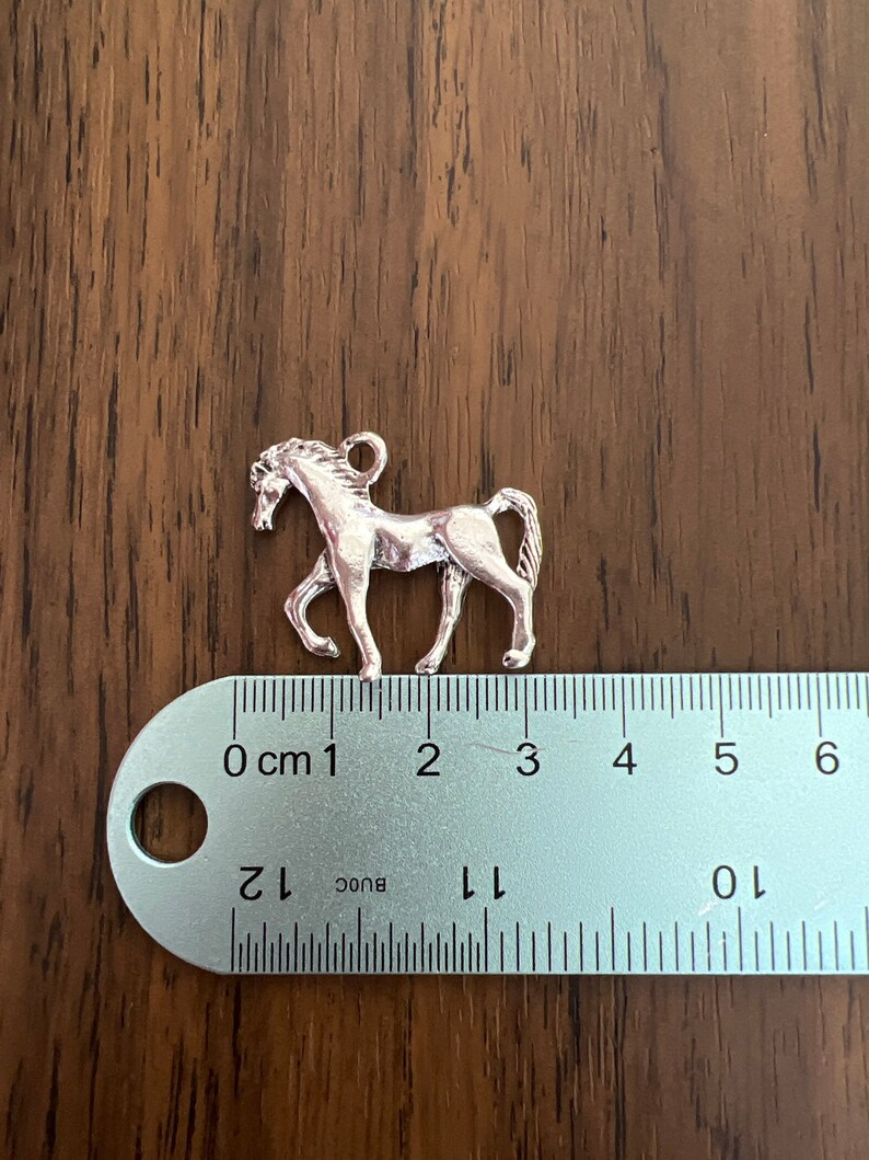 May include: Silver horse charm pendant measuring approximately 3 cm in length. The charm is detailed with a horse's head, mane, and tail.