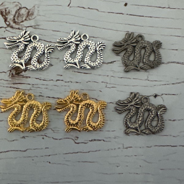 China Long Dragon Charms, Tibetan Silver Dragon Charm, Gold Dragon, Gun Metal Dragon Charm, China Dragon Charm, Double Sided Dragon 23x17mm