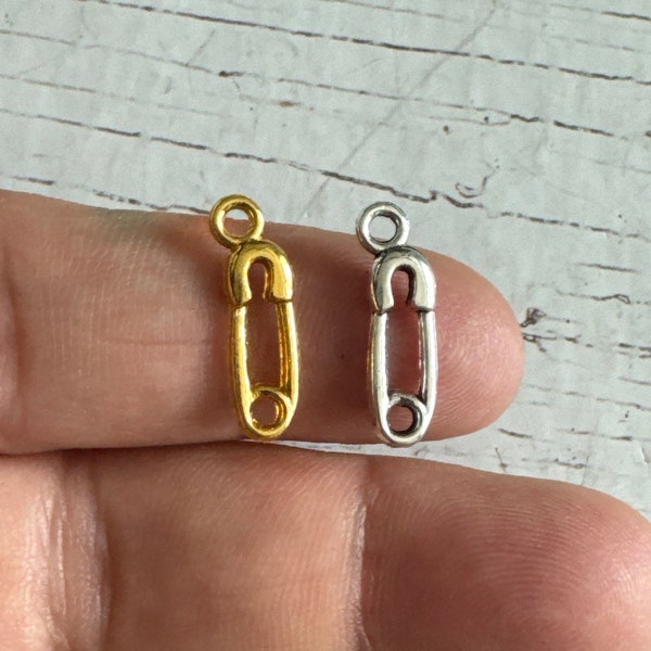 Safety Pin Charms, Vintage Silver Safety Pin Charm, Baby Diaper Safety Pin Charm, Baby Shower Charms, Gold Safety Pin Charm 19*6mm