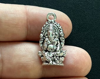Silver Ganesha Charm, Elephant Buddha Pendant (26x14mm)