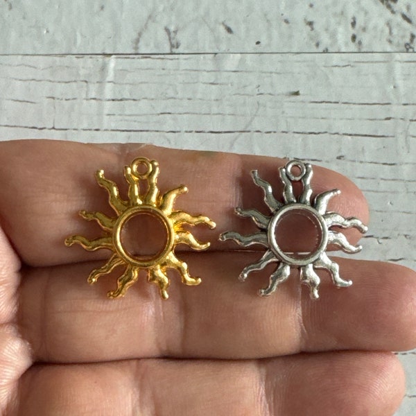 Sun Charms, Antique Silver Sun Charm, Sunburst Pendants, Silver Sun, Sunshine, Gold Sunshine, Gold Sun Charm 25x26mm