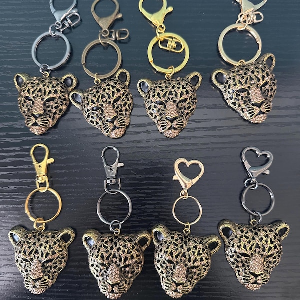 Rhinestone Cheetah Head Keychain: Antique Brass Animal Handbag Charm