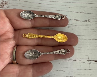 Ornate Silver Plated Spoon Charms, Zinc Alloy (48x10 mm)