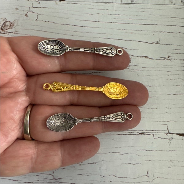 Silver Spoon Charms, Ornate Silver Spoon Charm, Antique Silver Plated Spoon Charm, Detail Spoon Charm, Gold Spoon, Gun Metal Spoon 48*10 mm