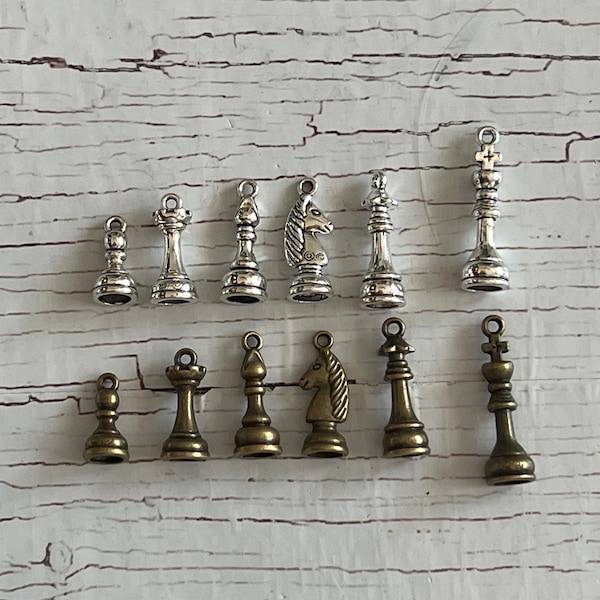 3D Chess Piece Charms, King Chess Piece, Queen Chess Piece, Bishop Chess Piece, Knight Chess Piece, Rook Pawn 15, 18, 20, 23 and 28mm