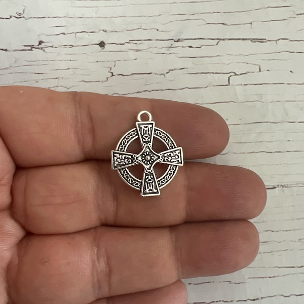 Double Sided Circle Cross, Silver Religious Charms, Cross Charm, Medallion Cross, Medallion  23x20mm