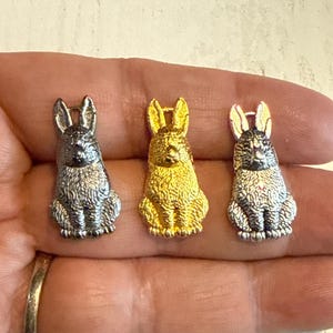 Könnte beinhalten: Drei Hasen-Anhänger in Silber, Gold und gebürstetem Silber. Die Anhänger sind detailliert und haben eine strukturierte Oberfläche.