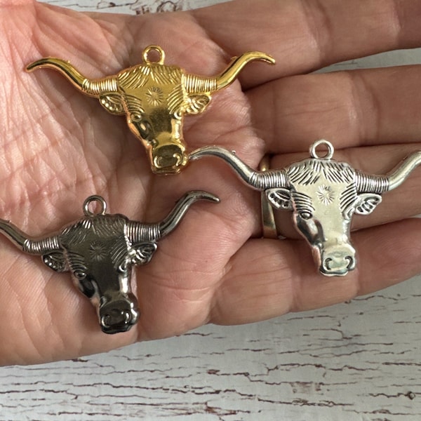 Alloy Longhorn Bull Steer Head Charm, Antique Tibetan Silver Longhorn Bull Steer Head Charm, Gold Bull Pendants, Gun Metal Bull Head 60*31mm