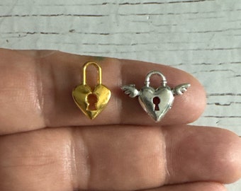 Winged Heart Lock Charm: Antique Silver or Gold, Double Sided (18x14mm/15x10mm)