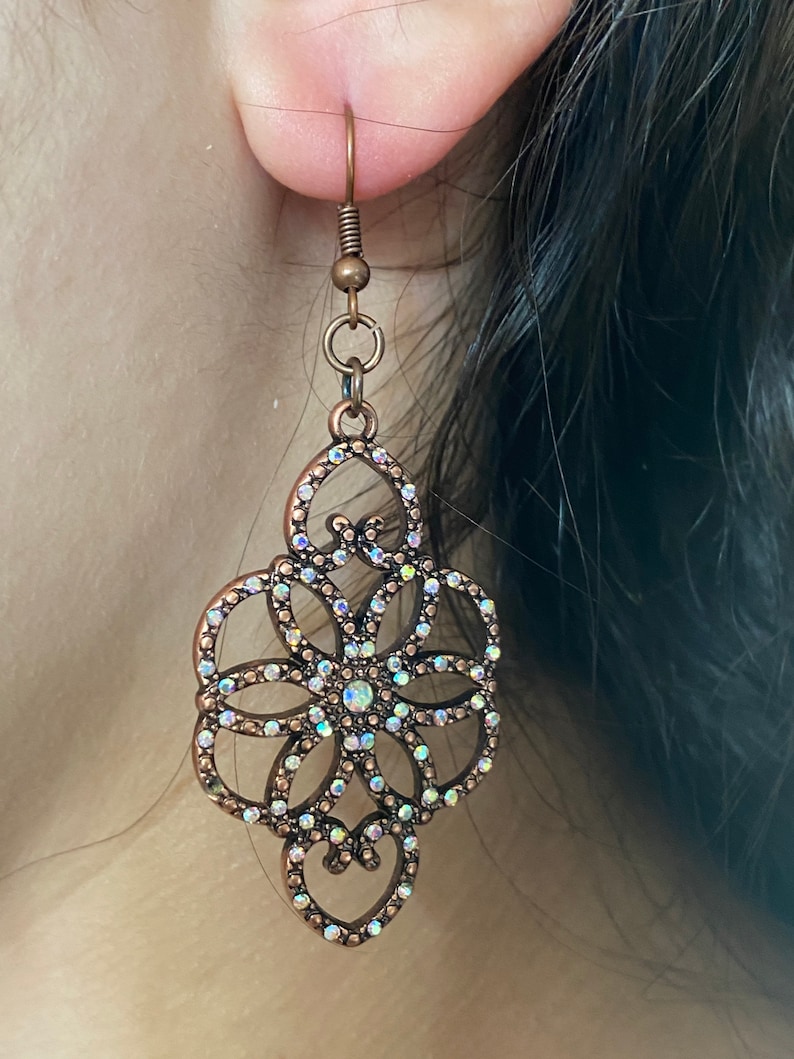 Rhinestone Earrings Shimmering Earrings Sparkly Earrings Floral Earrings Copper Earrings Dangling Earrings Scroll Floral Jewelry