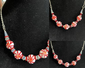 Candy Cane Necklace and Earrings, Holidays Earrings, Beaded Necklace, Glass Necklace, Christmas Necklace, Peppermint Necklace, Candy Jewelry