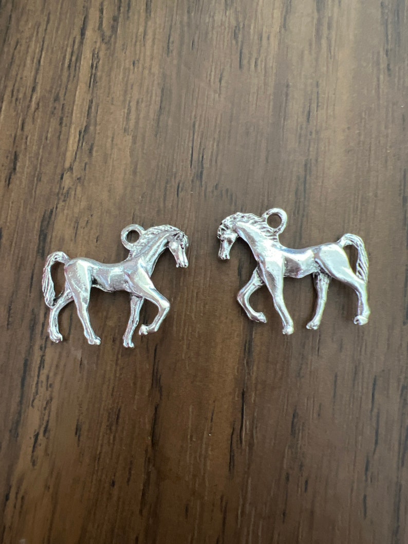 May include: Two silver horse charms, each with a detailed design and a loop for attaching to a necklace or bracelet.