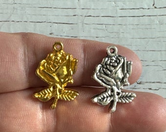 2D Rose Charms: Gold or Antique Silver Flower Pendants (25x17mm)