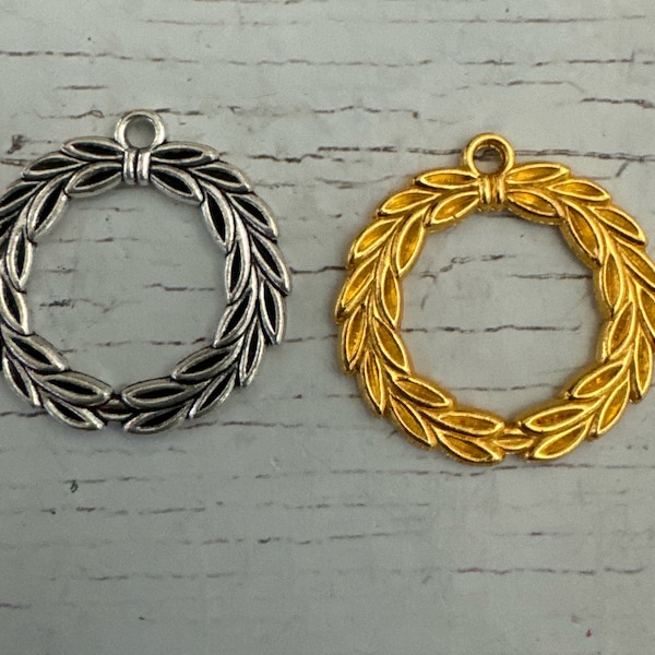 Gold Olive Wreath Charms, Vintage Tibetan Silver Olive Wreath, Gold Wreath, Olive Branch, Laurel Wreath, Double Sided Olive Wreath 36x34mm