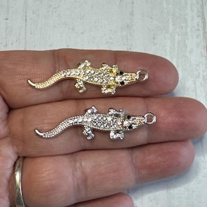 2D Crocodile, Animal Charm, Silver Crocodile Charm, Crystal Rhinestone Crocodile, Rhinestone Inlaid Crocodile, RC Gold Crocodile 12x42mm