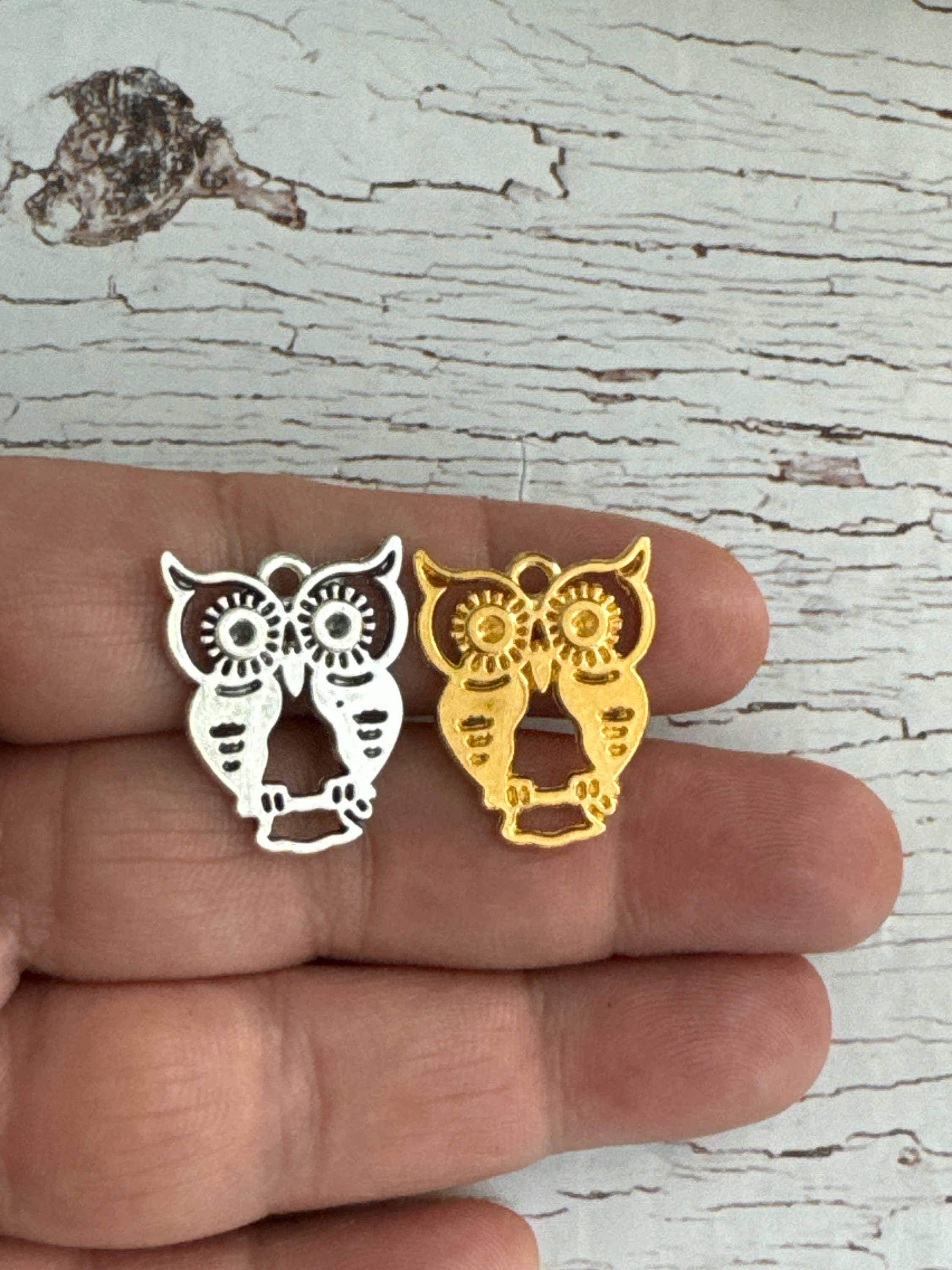 Silver & Gold Owl Charm: Zinc Alloy Pendants (23x19mm)
