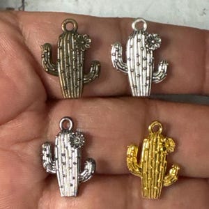 May include: Four metal cactus charms in different finishes: silver, gold, and two shades of bronze. Each charm features a small flower detail.
