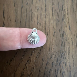 May include: A silver seashell charm with a loop for attaching to a necklace or bracelet.