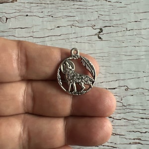 Antique Tibetan Silver Wolf, Wolf Full Moon Charm,  Wolf Medallion Charm, Werewolf Charm, Wolf Charm  25x21mm