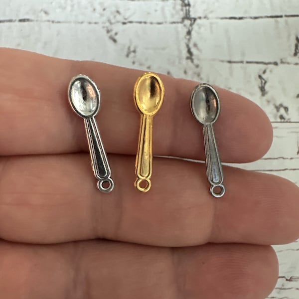 Tiny Spoon Silver, Gun Metal Tiny Spoon Charm, Tiny Kitchen Spoon, 3D Spoon, Tibetan Silver Kitchen Spoon Charm, Gold Cooking Spoon 24x6mm