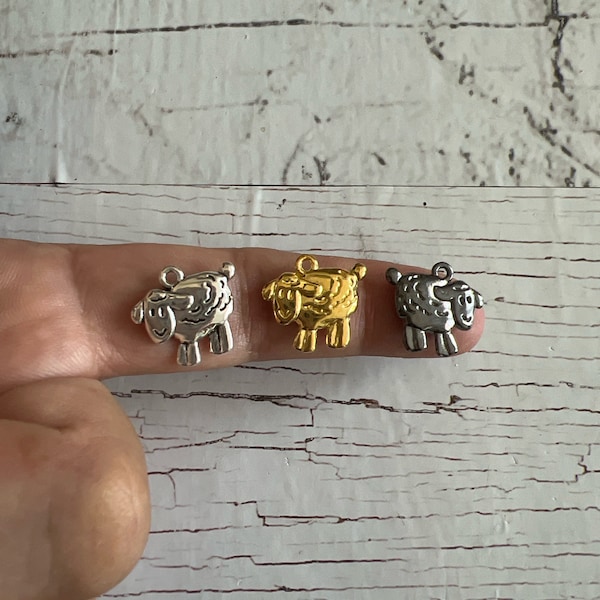 Sheep Lamb Charm, Vintage Tibetan Silver Sheep, Sheep Charm, Double Sided Sheep Charm, Gun Metal Lamb Charm, Animal Charm, Gold Lamb 18x16mm