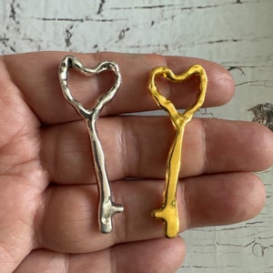 Antique silver heart keys Charm, Rustic Skeleton Heart Key, Silver Heart Skeleton keys, Love Charms, Gold Key, Skeleton Gold Key 51x18mm
