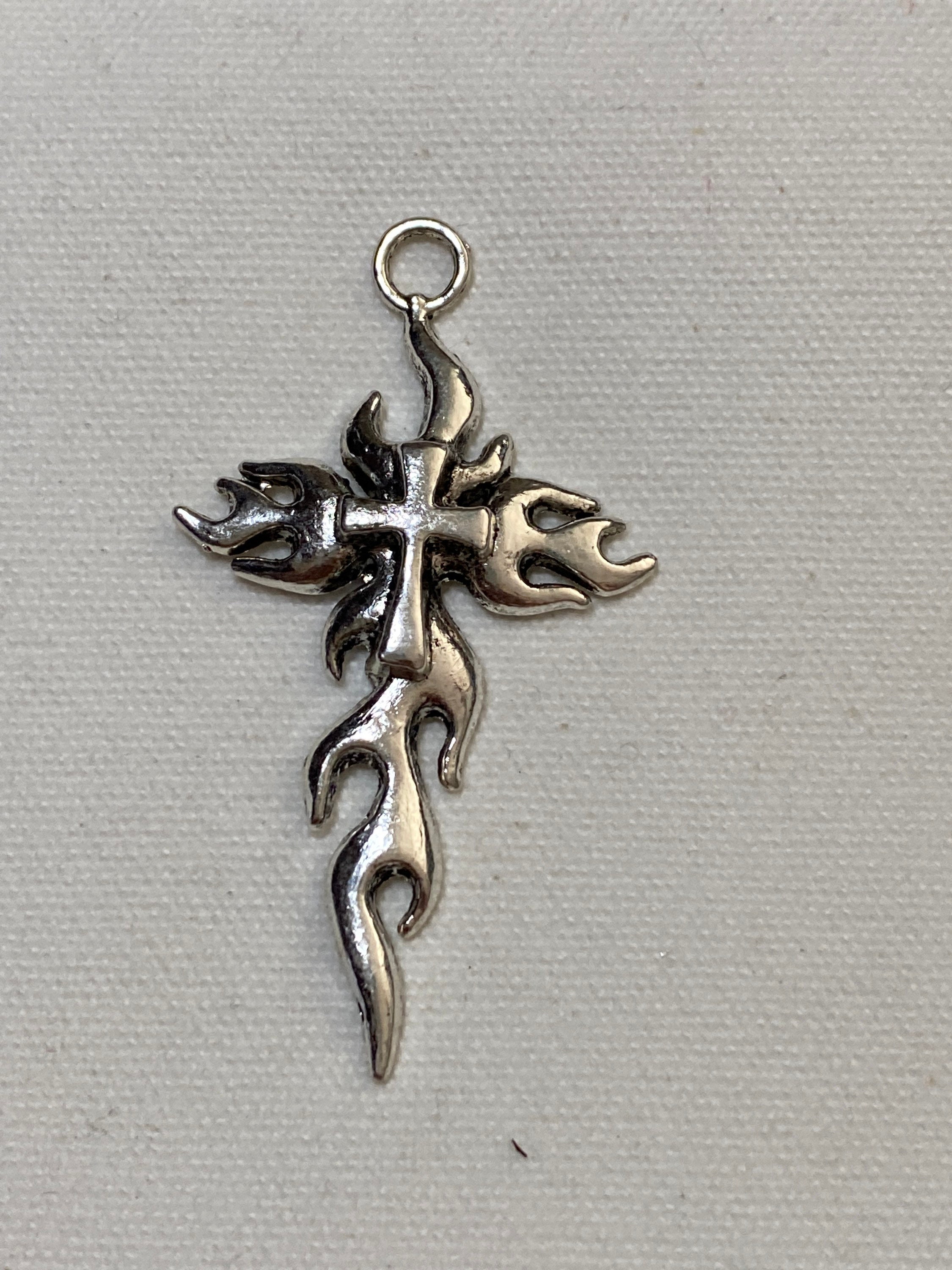 Flames Cross Pendant, Fire Charms, Silver Cross Pendant