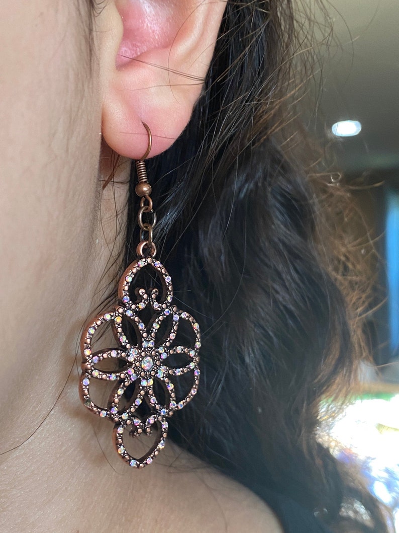 Rhinestone Earrings Shimmering Earrings Sparkly Earrings Floral Earrings Copper Earrings Dangling Earrings Scroll Floral Jewelry