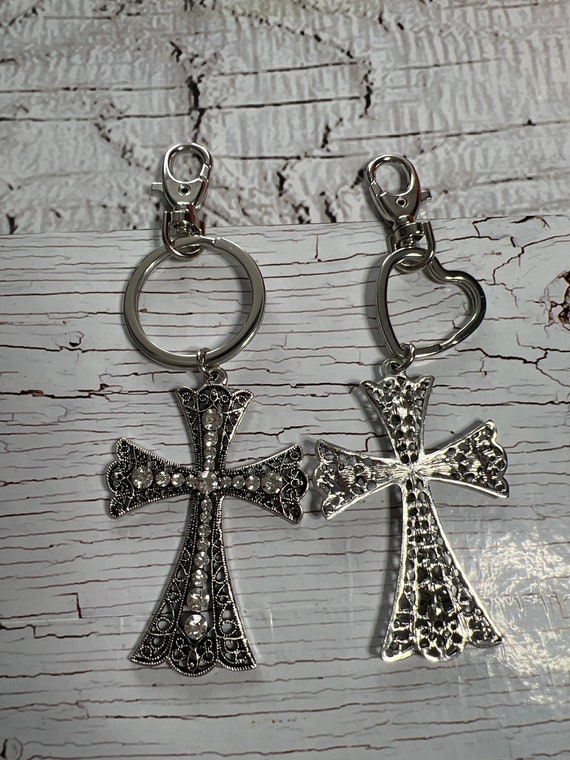 Cross Keychain,silver Keychain, Rhinestone Keychain, Cross