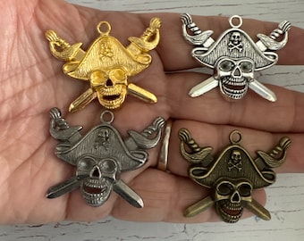 Pirate Skull and Swords Charm, Metal Pendant (45x34mm)