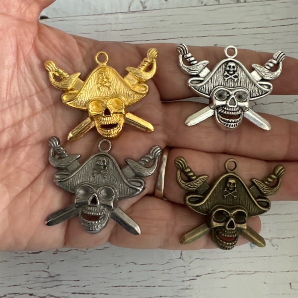 Skull and cross swords charm, Vintage bronze metal skull, Silver Pirate Pendant, Gold Pirate Charms, Gun Metal Pirate Captain Pendant